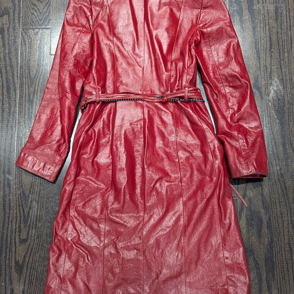 Women's Red Genuine Leather Coat - Picture 3 of 11
